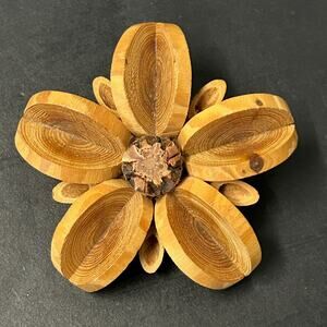 Vintage Handmade Hand Carved Tree Log Wooden Flower Brooch Unmarked